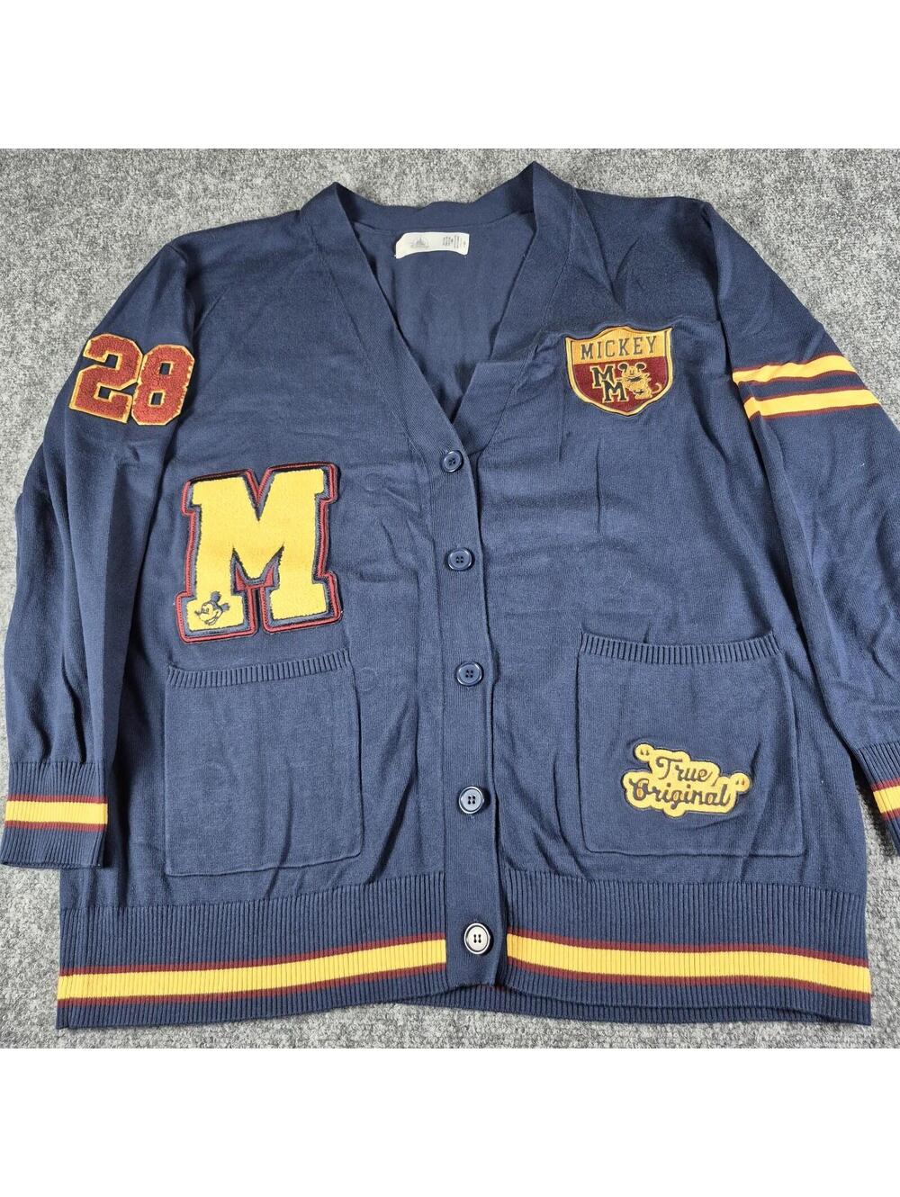 Disney Mickey Mouse Cardigan Sweater Mens 2XL Navy Blue Varsity Athletic 28 Y2K - Picture 2 of 9